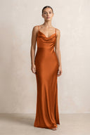 Spaghetti Strap Satin Sheath Bridesmaid Dress in Cinnamon - KissProm Bridesmaid Dresses