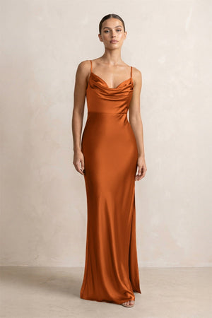 Spaghetti Strap Satin Sheath Bridesmaid Dress in Cinnamon - KissProm Bridesmaid Dresses