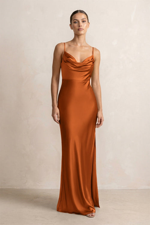 Spaghetti Strap Satin Sheath Bridesmaid Dress in Cinnamon - KissProm Bridesmaid Dresses