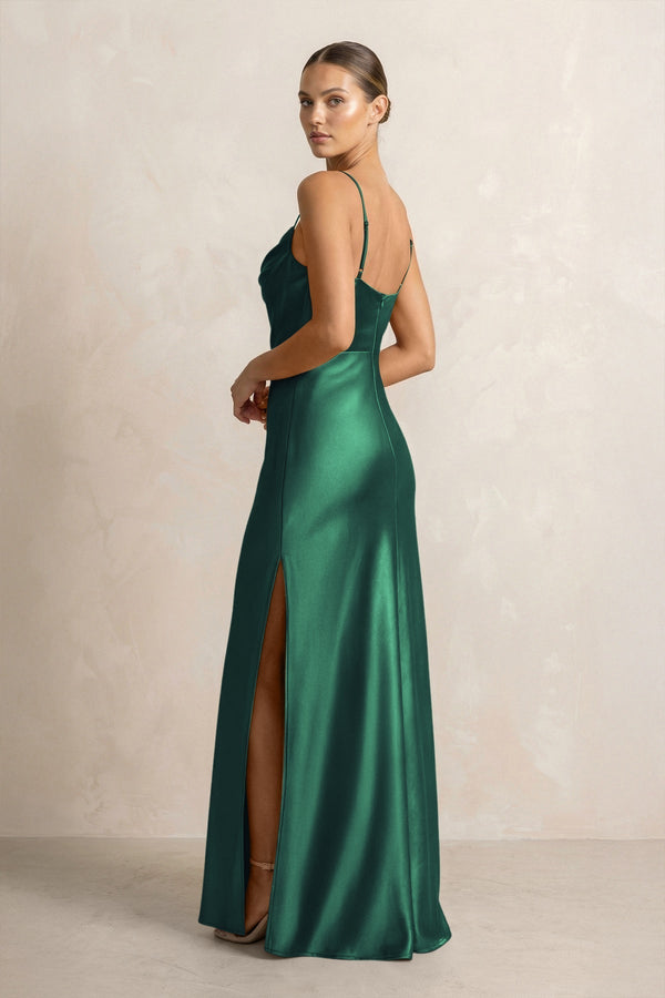 Spaghetti Strap Satin Sheath Bridesmaid Dress in Dark Green - KissProm Bridesmaid Dresses