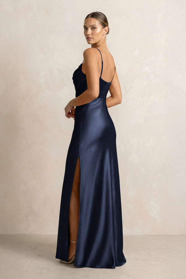 Spaghetti Strap Satin Sheath Bridesmaid Dress in Dark Navy - KissProm Bridesmaid Dresses
