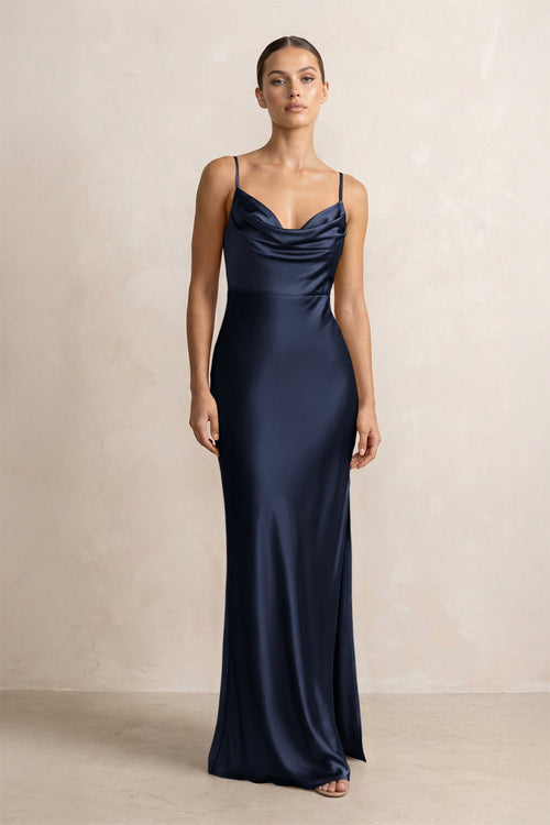Spaghetti Strap Satin Sheath Bridesmaid Dress in Dark Navy - KissProm Bridesmaid Dresses