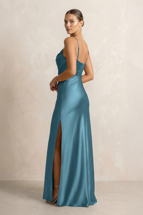Spaghetti Strap Satin Sheath Bridesmaid Dress in Dark Teal - KissProm Bridesmaid Dresses