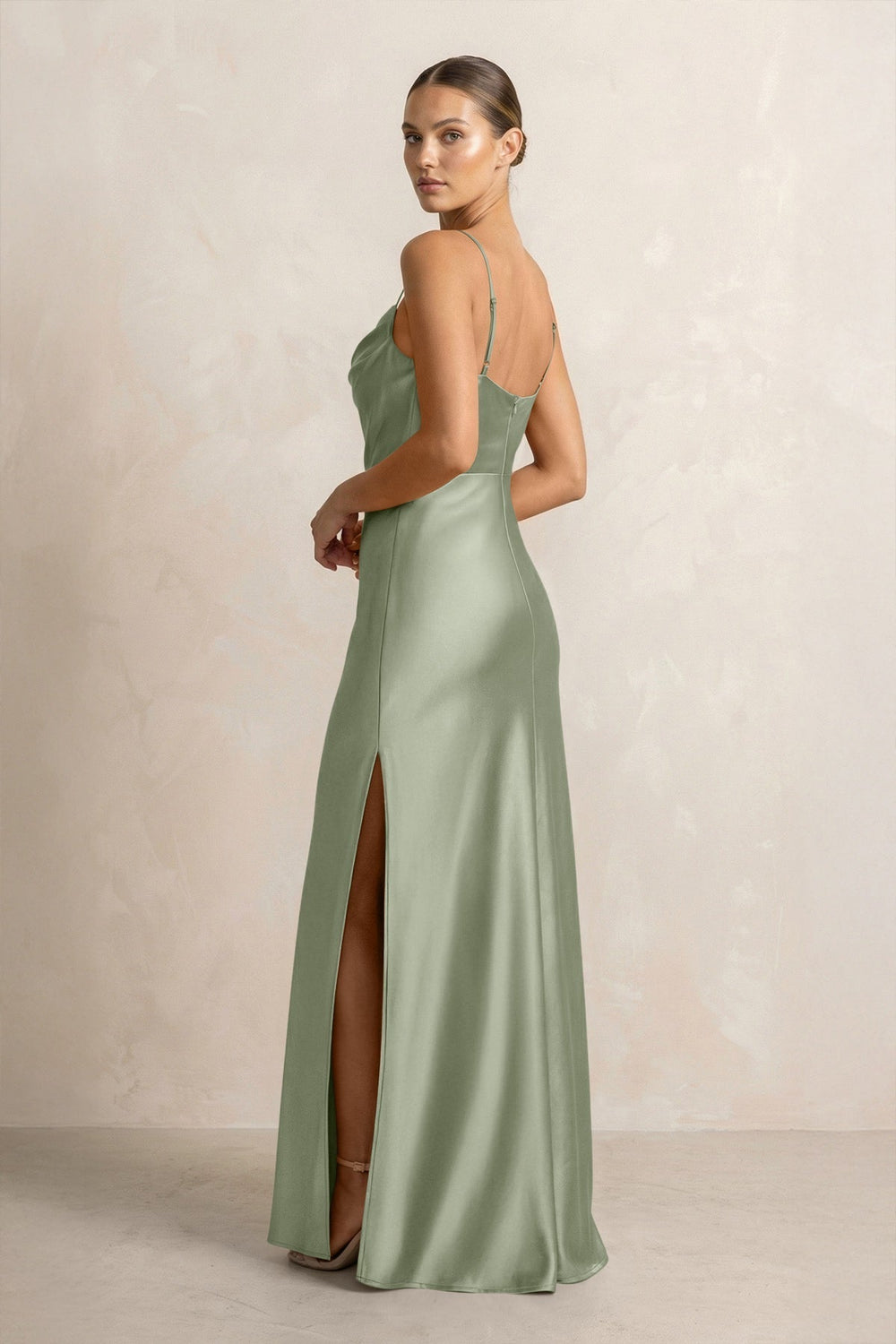 Spaghetti Strap Satin Sheath Bridesmaid Dress in Dove Gray - KissProm Bridesmaid Dresses