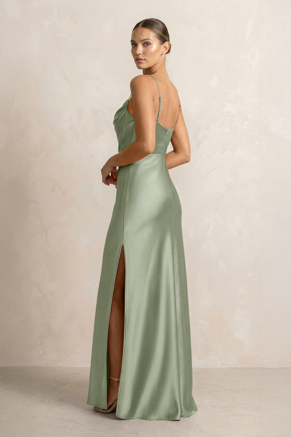 Spaghetti Strap Satin Sheath Bridesmaid Dress in Dove Gray - KissProm Bridesmaid Dresses