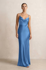 Spaghetti Strap Satin Sheath Bridesmaid Dress in Dusty Blue - KissProm Bridesmaid Dresses