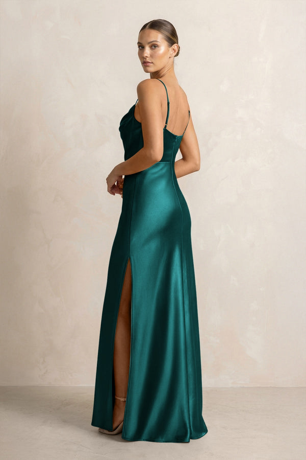 Spaghetti Strap Satin Sheath Bridesmaid Dress in Emerald - KissProm Bridesmaid Dresses