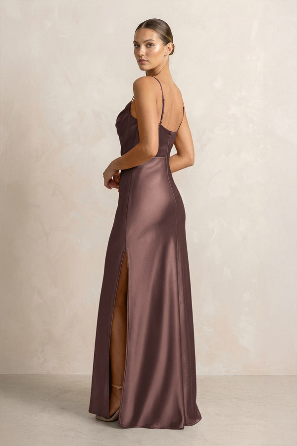 Spaghetti Strap Satin Sheath Bridesmaid Dress in Espresso - KissProm Bridesmaid Dresses