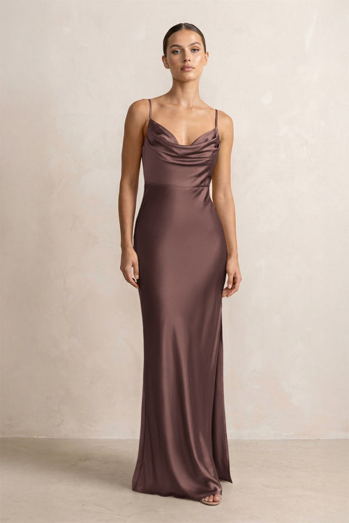 Spaghetti Strap Satin Sheath Bridesmaid Dress in Espresso - KissProm Bridesmaid Dresses