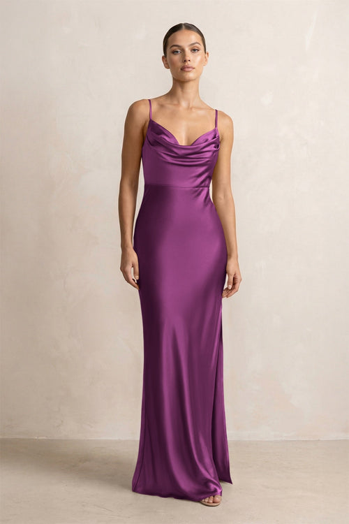 Spaghetti Strap Satin Sheath Bridesmaid Dress in Fig - KissProm Bridesmaid Dresses