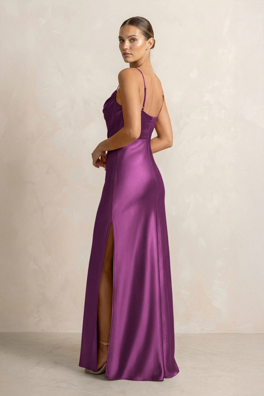 Spaghetti Strap Satin Sheath Bridesmaid Dress in Fig - KissProm Bridesmaid Dresses