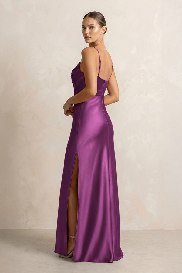 Spaghetti Strap Satin Sheath Bridesmaid Dress in Fig - KissProm Bridesmaid Dresses