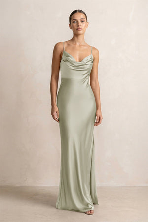 Spaghetti Strap Satin Sheath Bridesmaid Dress in Frost - KissProm Bridesmaid Dresses