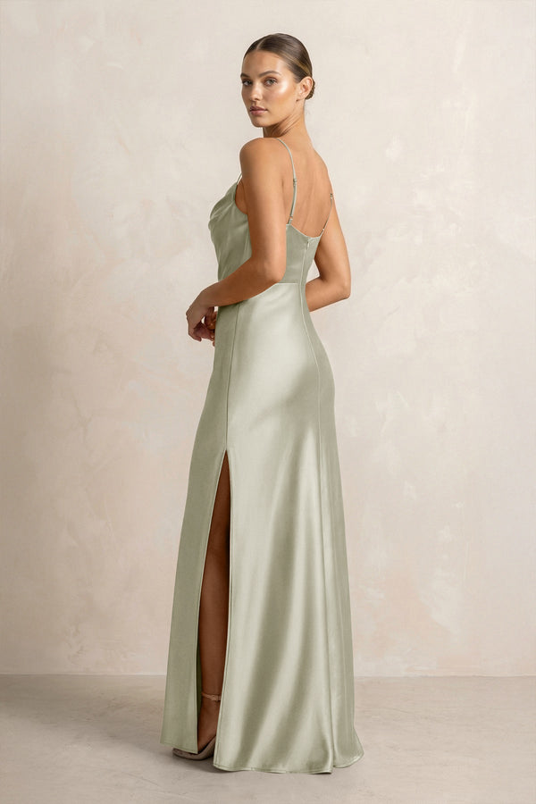 Spaghetti Strap Satin Sheath Bridesmaid Dress in Frost - KissProm Bridesmaid Dresses