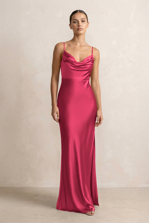 Spaghetti Strap Satin Sheath Bridesmaid Dress in Fuchsia - KissProm Bridesmaid Dresses