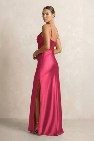 Spaghetti Strap Satin Sheath Bridesmaid Dress in Fuchsia - KissProm Bridesmaid Dresses