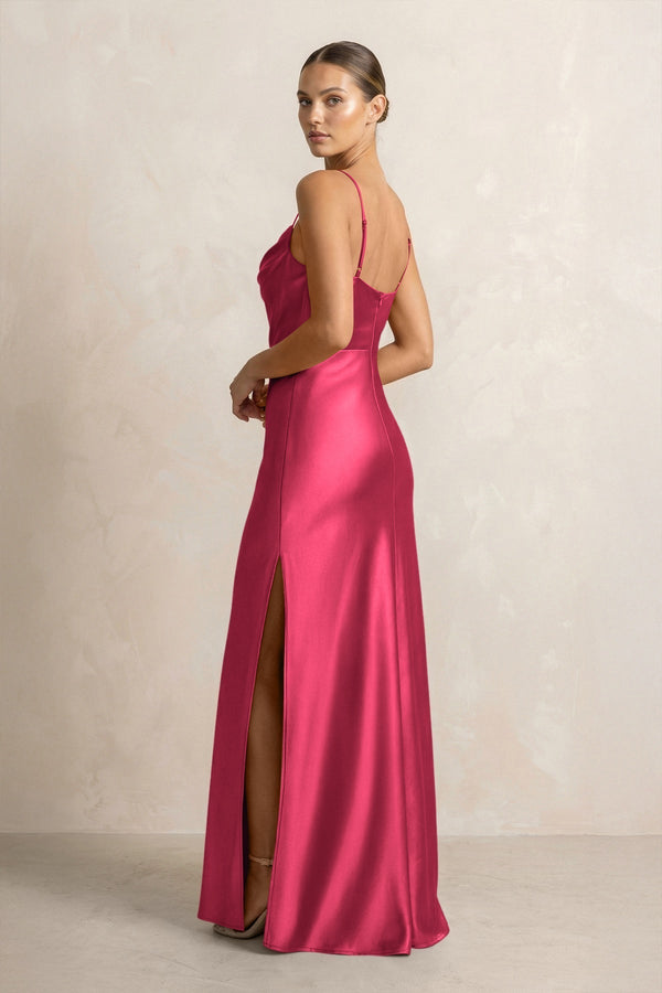 Spaghetti Strap Satin Sheath Bridesmaid Dress in Fuchsia - KissProm Bridesmaid Dresses