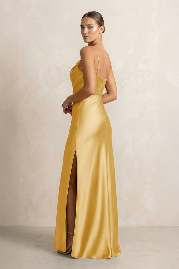 Spaghetti Strap Satin Sheath Bridesmaid Dress in Gold - KissProm Bridesmaid Dresses