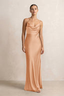 Spaghetti Strap Satin Sheath Bridesmaid Dress in Golden Champagne - KissProm Bridesmaid Dresses