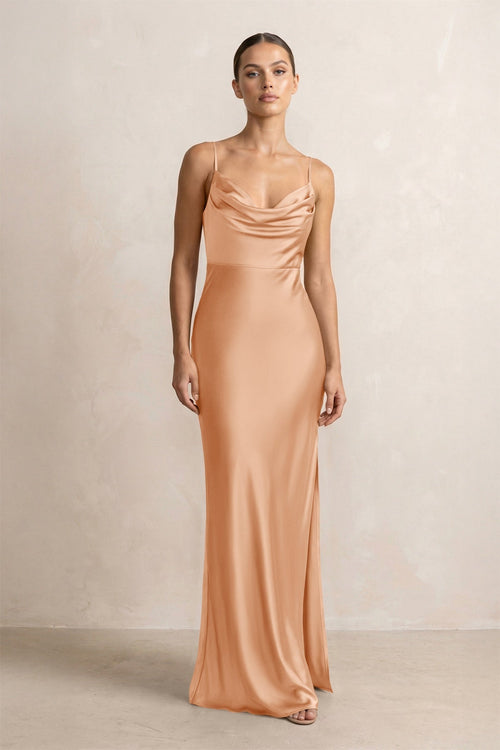Spaghetti Strap Satin Sheath Bridesmaid Dress in Golden Champagne - KissProm Bridesmaid Dresses