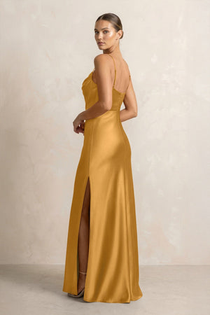 Spaghetti Strap Satin Sheath Bridesmaid Dress in Marigold - KissProm Bridesmaid Dresses