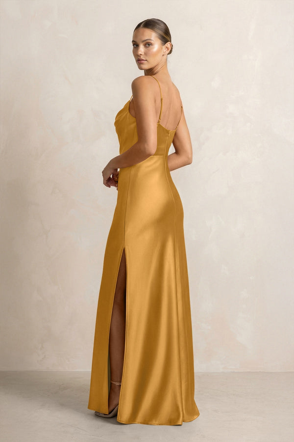 Spaghetti Strap Satin Sheath Bridesmaid Dress in Marigold - KissProm Bridesmaid Dresses