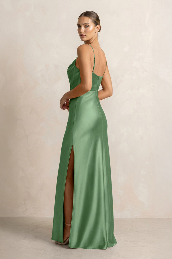 Spaghetti Strap Satin Sheath Bridesmaid Dress in Matcha - KissProm Bridesmaid Dresses