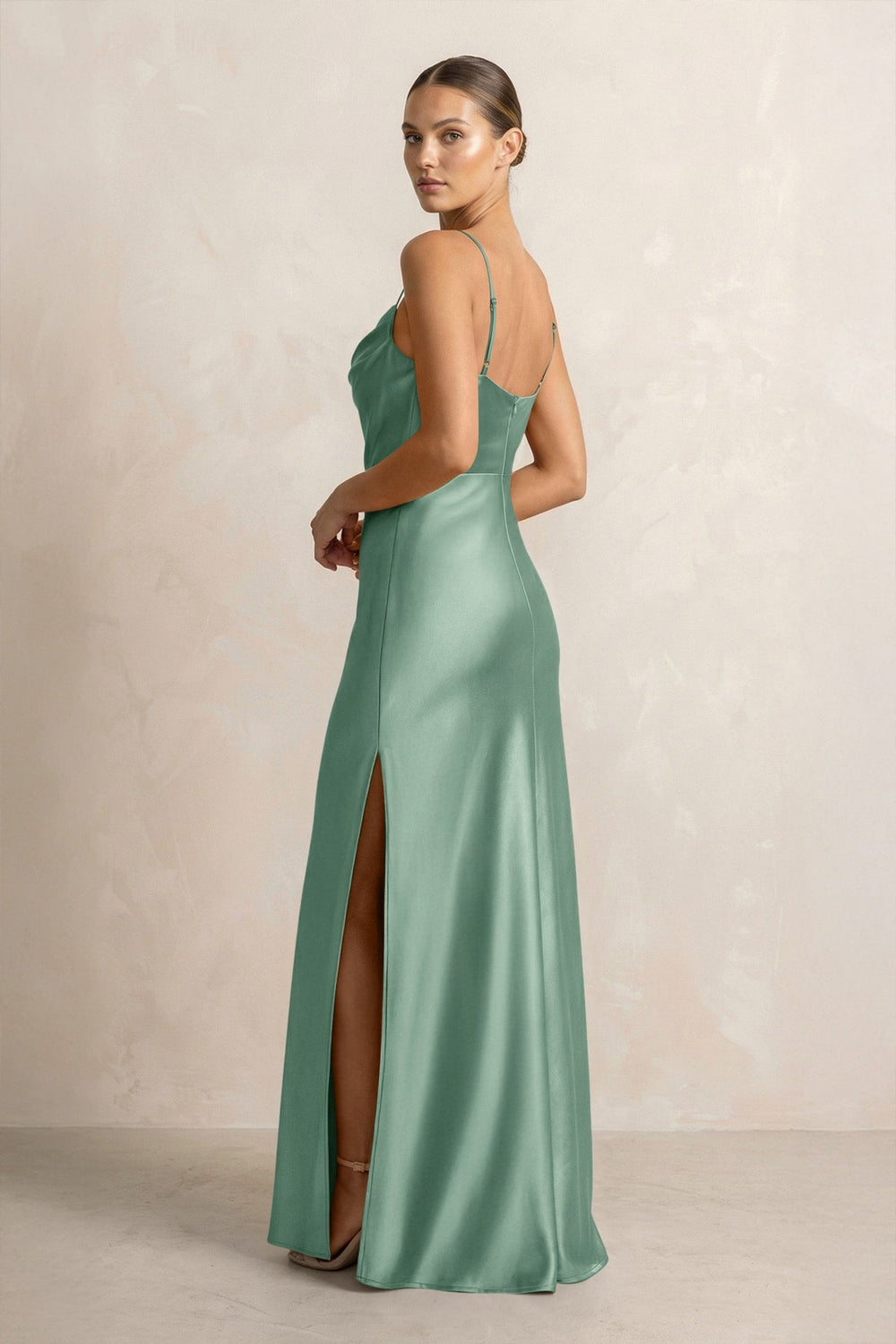 Spaghetti Strap Satin Sheath Bridesmaid Dress in Mint Green - KissProm Bridesmaid Dresses