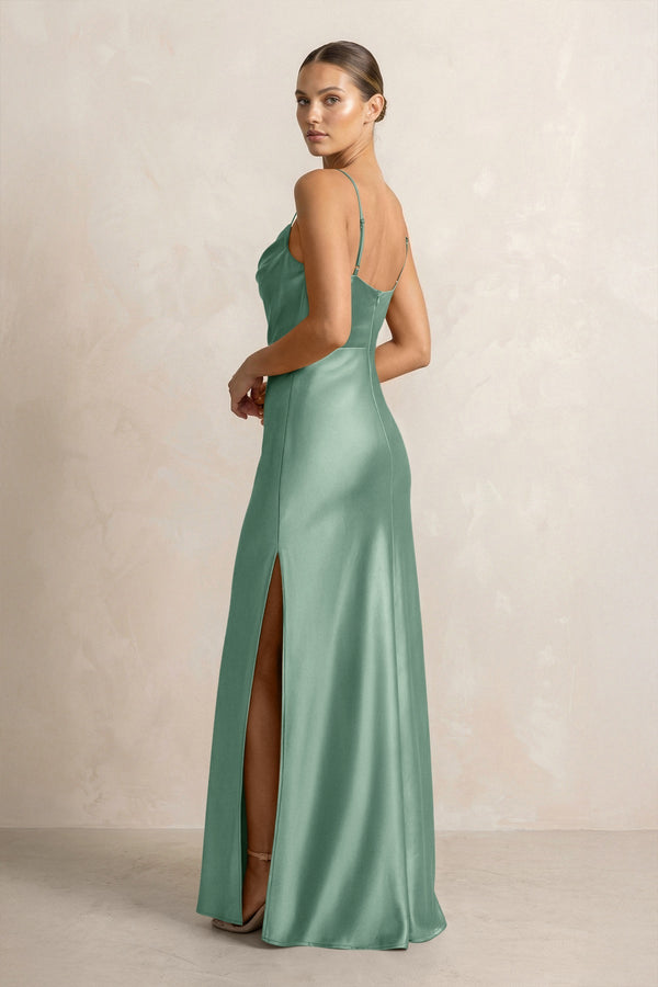 Spaghetti Strap Satin Sheath Bridesmaid Dress in Mint Green - KissProm Bridesmaid Dresses