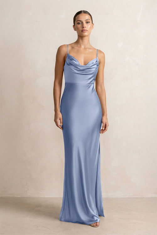 Spaghetti Strap Satin Sheath Bridesmaid Dress in Mist - KissProm Bridesmaid Dresses