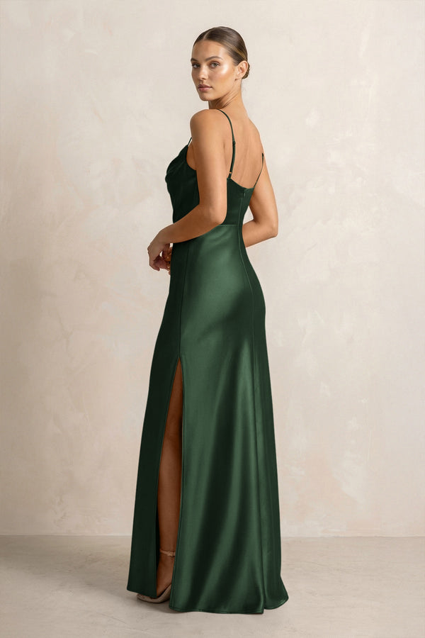 Spaghetti Strap Satin Sheath Bridesmaid Dress in Moss - KissProm Bridesmaid Dresses