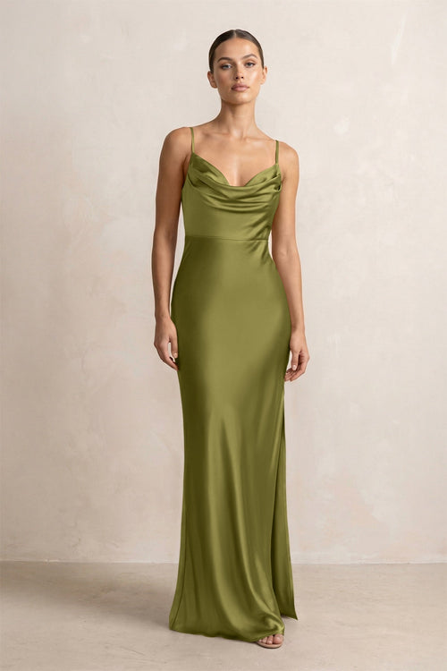 Spaghetti Strap Satin Sheath Bridesmaid Dress in Moss Green - KissProm Bridesmaid Dresses