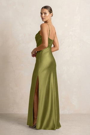 Spaghetti Strap Satin Sheath Bridesmaid Dress in Moss Green - KissProm Bridesmaid Dresses