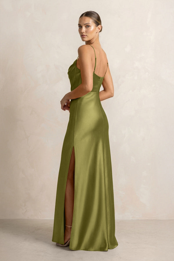 Spaghetti Strap Satin Sheath Bridesmaid Dress in Moss Green - KissProm Bridesmaid Dresses