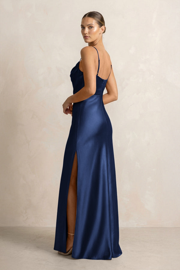Spaghetti Strap Satin Sheath Bridesmaid Dress in Navy - KissProm Bridesmaid Dresses