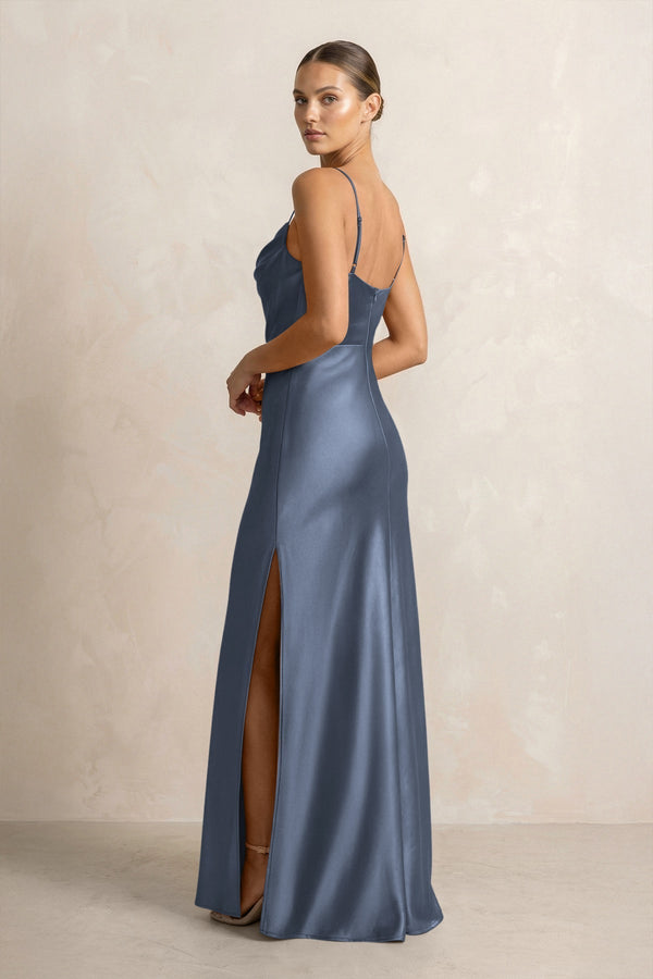 Spaghetti Strap Satin Sheath Bridesmaid Dress in Neptune - KissProm Bridesmaid Dresses