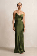 Spaghetti Strap Satin Sheath Bridesmaid Dress in Olive - KissProm Bridesmaid Dresses