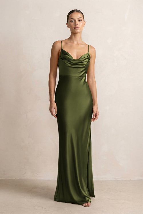 Spaghetti Strap Satin Sheath Bridesmaid Dress in Olive - KissProm Bridesmaid Dresses