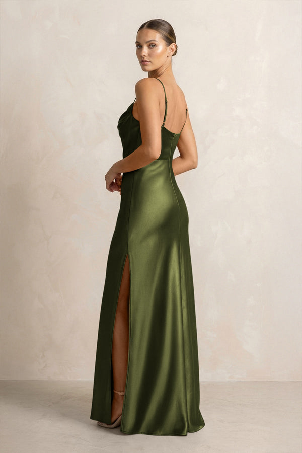 Spaghetti Strap Satin Sheath Bridesmaid Dress in Olive - KissProm Bridesmaid Dresses