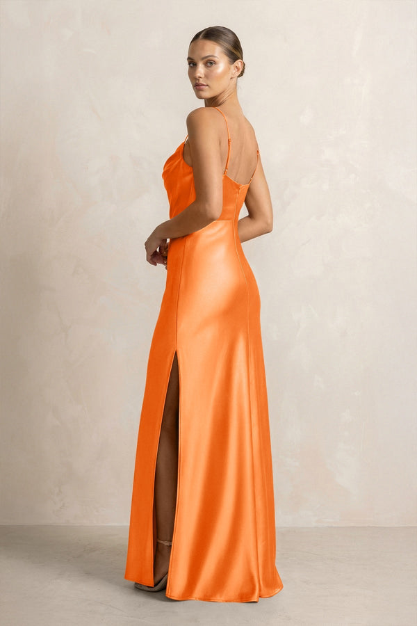 Spaghetti Strap Satin Sheath Bridesmaid Dress in Orange - KissProm Bridesmaid Dresses