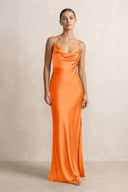 Spaghetti Strap Satin Sheath Bridesmaid Dress in Orange - KissProm Bridesmaid Dresses