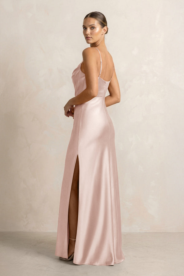 Spaghetti Strap Satin Sheath Bridesmaid Dress in Pale Blush - KissProm Bridesmaid Dresses