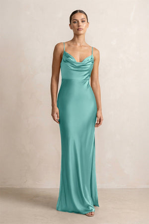 Spaghetti Strap Satin Sheath Bridesmaid Dress in Pale Pistachio - KissProm Bridesmaid Dresses