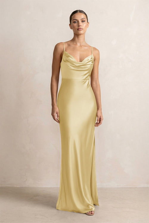 Spaghetti Strap Satin Sheath Bridesmaid Dress in Pastel Yellow - KissProm Bridesmaid Dresses