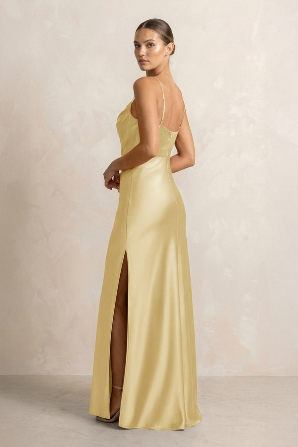 Spaghetti Strap Satin Sheath Bridesmaid Dress in Pastel Yellow - KissProm Bridesmaid Dresses