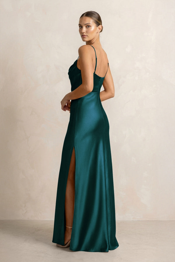 Spaghetti Strap Satin Sheath Bridesmaid Dress in Pine - KissProm Bridesmaid Dresses