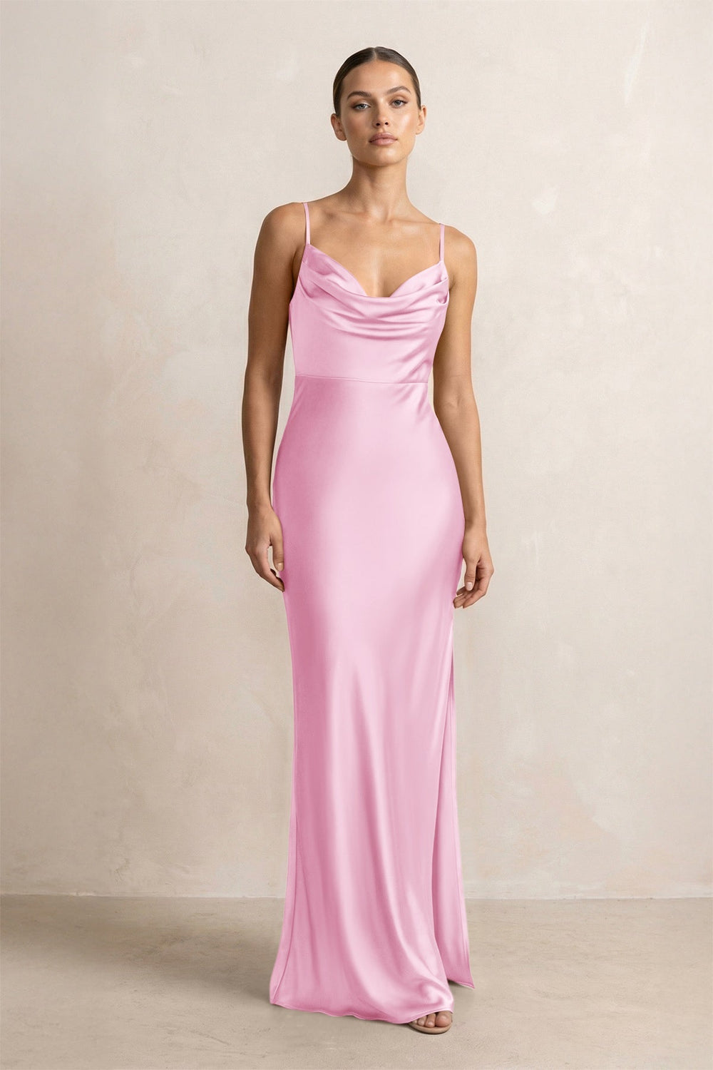 Spaghetti Strap Satin Sheath Bridesmaid Dress in Pink - KissProm Bridesmaid Dresses