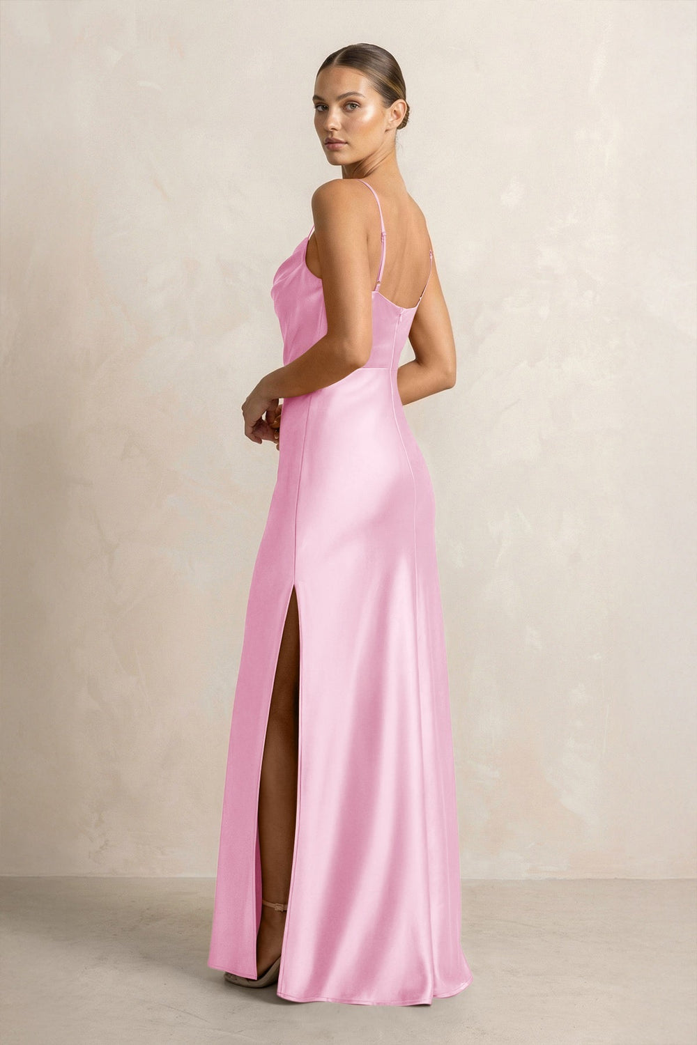 Spaghetti Strap Satin Sheath Bridesmaid Dress in Pink - KissProm Bridesmaid Dresses