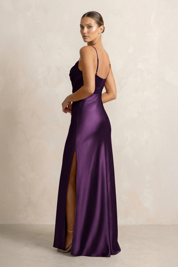Spaghetti Strap Satin Sheath Bridesmaid Dress in Plum - KissProm Bridesmaid Dresses