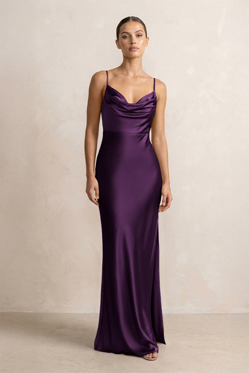 Spaghetti Strap Satin Sheath Bridesmaid Dress in Plum - KissProm Bridesmaid Dresses